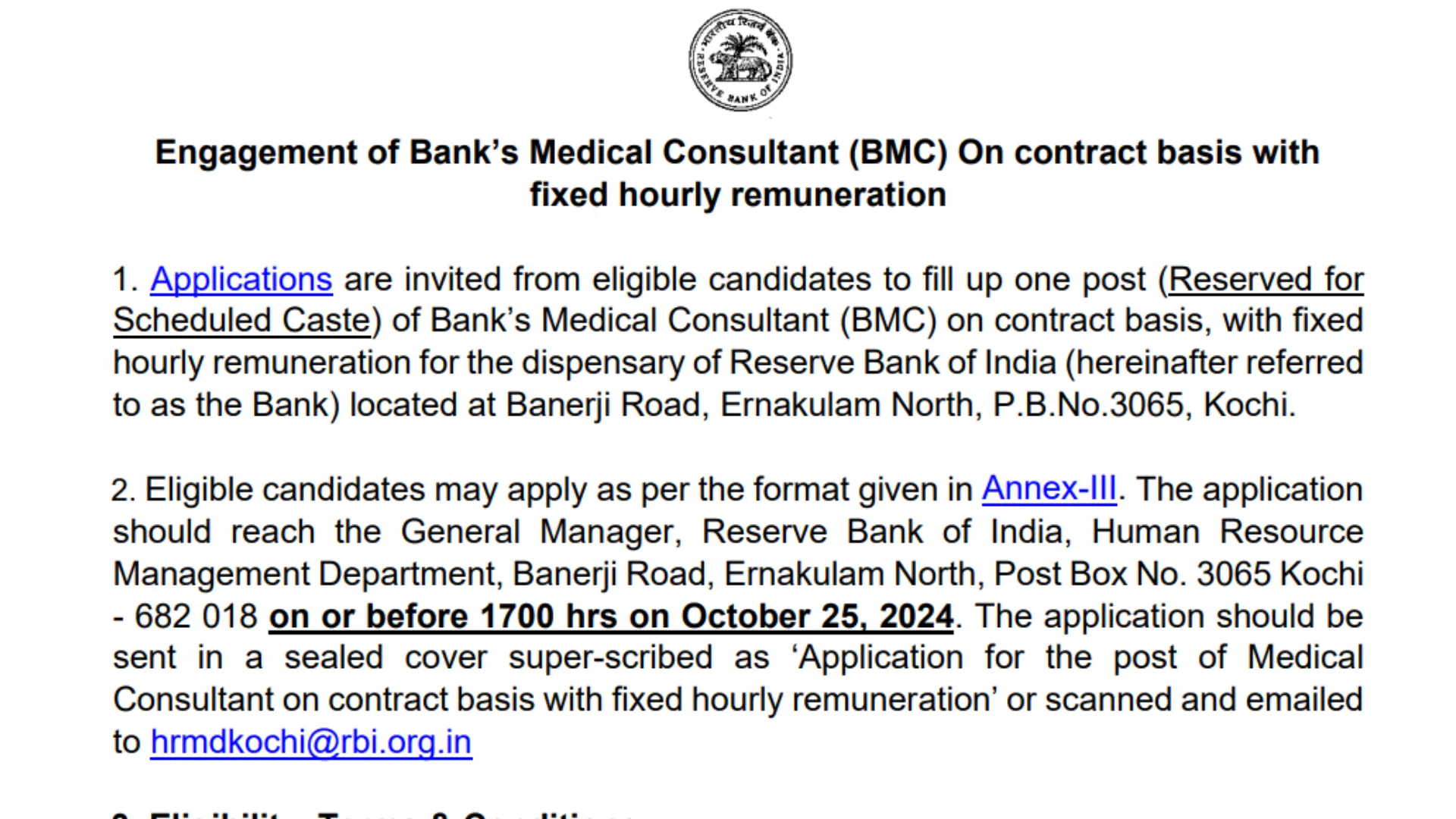 Reserve Bank of India Recruitment 2024 Notification Released for BMC Post