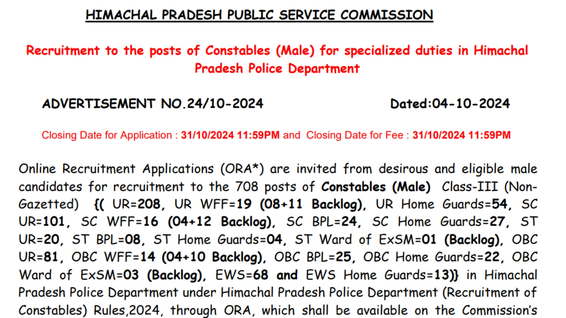 HPPSC HP Police Constable Recruitment 2024 Notification Out for 1,088 Post, Apply Online